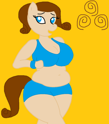 Size: 807x922 | Tagged: safe, artist:ponybaserequests, artist:sturk-fontaine, oc, oc only, oc:cinnamon swirl, anthro, earth pony, anthro oc, belly button, big breasts, breasts, chubby, clothes, jogging, midriff, shorts, sports bra