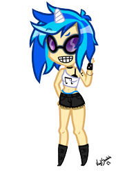 Size: 600x750 | Tagged: safe, artist:black-jenny, dj pon-3, vinyl scratch, belly button, bra, clothes, horned humanization, humanized, midriff, panties, solo, thong, underwear