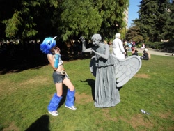 Size: 960x720 | Tagged: safe, artist:romtorum5ever, dj pon-3, vinyl scratch, human, convention, cosplay, crossover, doctor who, irl, irl human, kumoricon, photo, weeping angel