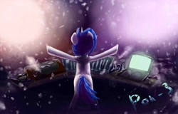 Size: 1000x640 | Tagged: safe, artist:keepare, dj pon-3, vinyl scratch, pony, unicorn, detailed background, female, laptop computer, mare, solo