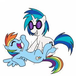 Size: 980x973 | Tagged: safe, artist:madmax, artist:relulover1, edit, dj pon-3, rainbow dash, vinyl scratch, pegasus, pony, unicorn, animated, bellyrubs, cute, eyes closed, grin, laughing, on back, open mouth, shivering, smiling, tickle party, tickling, underhoof