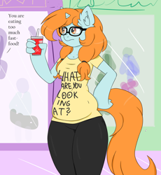 Size: 2768x3007 | Tagged: dead source, safe, artist:nightydream, oc, oc:lucky dream, anthro, unicorn, chubby, clothes, coca-cola, drink, female, hoof hands, mare, pants, plump, shirt, solo, weight gain