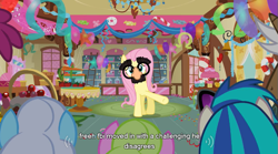 Size: 761x424 | Tagged: safe, screencap, berry punch, berryshine, daisy, dj pon-3, flower wishes, fluttershy, linky, shoeshine, vinyl scratch, pegasus, pony, unicorn, magical mystery cure, groucho mask, youtube caption