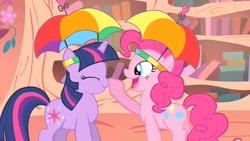 Size: 960x540 | Tagged: safe, screencap, pinkie pie, twilight sparkle, earth pony, pony, unicorn, feeling pinkie keen, boop, chubby, female, golden oaks library, hat, umbrella hat