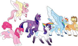 Size: 2130x1263 | Tagged: safe, artist:horsepowerred, applejack, fluttershy, pinkie pie, rainbow dash, rarity, twilight sparkle, twilight sparkle (alicorn), alicorn, earth pony, pegasus, pony, unicorn, appledash, blushing, chubby, coat markings, colored wings, curved horn, ear piercing, earring, female, flying, glasses, horn, jewelry, lesbian, mane six, mare, piercing, shipping, simple background, smiling, spread wings, transparent background, wings