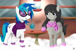 Size: 1233x814 | Tagged: safe, artist:elenminah, dj pon-3, octavia melody, vinyl scratch, earth pony, pony, clothes, scarf, snow