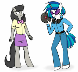 Size: 1140x1060 | Tagged: safe, artist:redsonne, dj pon-3, octavia melody, vinyl scratch, anthro, bipedal, clothes, record