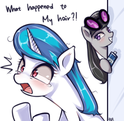 Size: 600x582 | Tagged: safe, artist:hua, dj pon-3, octavia melody, vinyl scratch, earth pony, pony, unicorn, alternate hairstyle, ask trolltavia, blushing, crying, dialogue, female, frown, glasses, grin, lidded eyes, mare, open mouth, prank, smiling, wide eyes