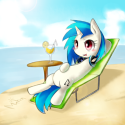 Size: 1500x1500 | Tagged: safe, dj pon-3, vinyl scratch, pony, unicorn, beach, drink, female, headphones, lemonade, mare, solo