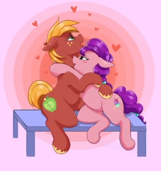 Size: 1280x1359 | Tagged: safe, artist:moondreamer16, big macintosh, sugar belle, earth pony, pony, unicorn, abstract background, bench, chubby, female, heart, hug, male, mare, neck biting, nibbling, nom, shipping, stallion, straight, sugarmac