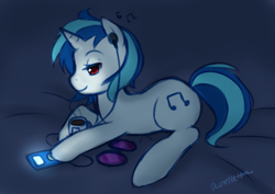 Size: 1414x1000 | Tagged: safe, artist:meltyvixen, dj pon-3, vinyl scratch, pony, coffee, earbuds, music, solo