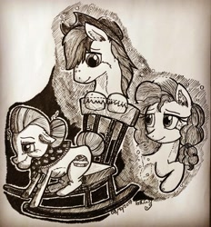 Size: 1080x1164 | Tagged: safe, artist:shinycyan, derpibooru import, bright mac, granny smith, pear butter, earth pony, pony, cowboy hat, female, freckles, hat, ink drawing, inktober, male, mare, monochrome, rocking chair, sketch, smiling, stallion, traditional art, unshorn fetlocks