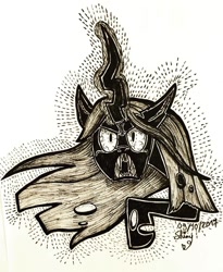Size: 1080x1320 | Tagged: safe, artist:shinycyan, derpibooru import, queen chrysalis, changeling, changeling queen, angry, fangs, female, ink drawing, inktober, looking at you, monochrome, open mouth, raised hoof, screech, sketch, solo, traditional art, villainous breakdown