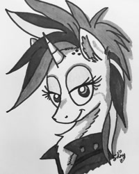 Size: 1080x1350 | Tagged: safe, artist:shinycyan, derpibooru import, rarity, pony, unicorn, alternate hairstyle, bust, chest fluff, female, ink drawing, lidded eyes, mare, monochrome, punk, raripunk, sketch, smiling, solo, traditional art