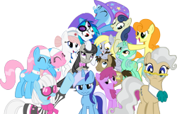 Size: 2302x1482 | Tagged: safe, artist:gengy23, aloe, berry punch, berryshine, bon bon, carrot top, derpy hooves, dj pon-3, doctor whooves, golden harvest, lotus blossom, lyra heartstrings, mayor mare, minuette, nurse redheart, octavia melody, photo finish, sweetie drops, trixie, vinyl scratch, earth pony, pegasus, pony, female, glasses, mare, simple background, spa twins, transparent background, vector