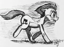 Size: 1080x786 | Tagged: safe, artist:shinycyan, derpibooru import, oc, oc only, earth pony, pony, female, floppy ears, ink drawing, inktober, mare, monochrome, running, sketch, solo, traditional art