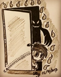 Size: 1080x1350 | Tagged: safe, artist:shinycyan, derpibooru import, pipsqueak, earth pony, pony, colt, door, ink drawing, inktober, male, monochrome, shadow, sketch, traditional art