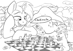 Size: 4625x3264 | Tagged: safe, artist:tsitra360, edit, oc, oc only, oc:snap feather, oc:star bright, pony, unicorn, checkmate, chess, chess piece, chessboard, chubby, cosmic wizard, forest, giant pony, houses, inanimate tf, macro, magic, male, micro, prone, size difference, stallion, transformation, village, wizard, wizard robe