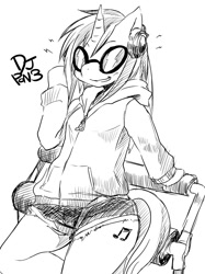 Size: 897x1200 | Tagged: safe, artist:shinobe, dj pon-3, vinyl scratch, anthro, clothes, headphones, hoodie, monochrome, shorts, solo