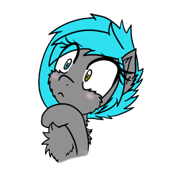 Size: 2000x2000 | Tagged: safe, artist:shinycyan, derpibooru import, oc, oc:sorajona, oc:sorajona darkwing, pegasus, pony, blushing, bust, chest fluff, cute, emo, europon, female, gray coat, heterochromia, mare, one hoof raised, portrait, scene hair, simple background, stare, transparent background, turquise hair, wide eyes, wingless, wondering