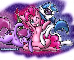 Size: 900x731 | Tagged: safe, artist:anibaruthecat, berry punch, berryshine, dj pon-3, pinkie pie, vinyl scratch, earth pony, pony, unicorn, bottle, grin, hug, wink