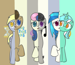 Size: 1150x1000 | Tagged: safe, artist:tastypony, bon bon, derpy hooves, dj pon-3, doctor whooves, lyra heartstrings, octavia melody, sweetie drops, vinyl scratch, earth pony, pegasus, pony, unicorn, background six, female, male, mare, stallion, swapped cutie marks, what my cutie mark is telling me