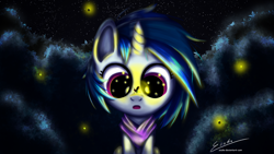 Size: 2000x1125 | Tagged: safe, artist:esuka, dj pon-3, vinyl scratch, firefly (insect), pony, unicorn, female, horn, mare, white coat