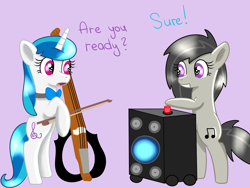 Size: 2000x1500 | Tagged: safe, artist:verminshy, dj pon-3, octavia melody, vinyl scratch, earth pony, pony, ask classical vinyl, bass cannon, bow, cello, musical instrument, rocktavia, swapped cutie marks, tumblr, vinyl class