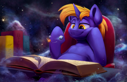 Size: 2500x1617 | Tagged: safe, artist:tsitra360, oc, oc:snap feather, oc:star bright, pony, unicorn, book, chubby, cook book, cosmic wizard, desk, giga giant, macro, macro/micro, male, micro, planet, pony bigger than a galaxy, pony bigger than a planet, pony bigger than a solar system, pony bigger than a star, pony bigger than a universe, reading, sitting, size difference, space, sparkling eyes, stallion, stars, wizard