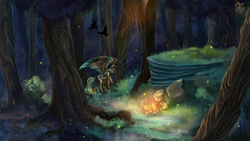 Size: 1920x1080 | Tagged: safe, artist:iimd, derpibooru import, oc, oc only, oc:alpine apotheon, firefly (insect), insect, pegasus, body markings, commission, feathered mane, featured image, forest, lantern, scenery, scenery porn, smiling, wallpaper