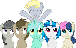 Size: 1285x811 | Tagged: safe, artist:lottapotatosalad, bon bon, derpy hooves, dj pon-3, doctor whooves, lyra heartstrings, octavia melody, sweetie drops, vinyl scratch, earth pony, pegasus, pony, unicorn, background pony, background six, eyes closed, female, happy, hooves, horn, male, mare, open mouth, simple background, smile song, smiling, stallion, transparent background, vector