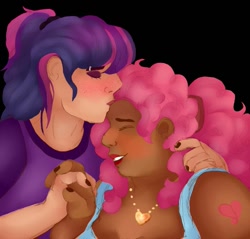 Size: 915x874 | Tagged: safe, artist:bewarethemusicman, pinkie pie, twilight sparkle, human, alternate hairstyle, black background, blushing, chubby, clothes, cute, dark skin, diapinkes, eyebrow piercing, eyes closed, eyeshadow, female, freckles, heart, holding hands, hug, humanized, jewelry, kissing, lesbian, lipstick, makeup, nail polish, necklace, piercing, shipping, shirt, simple background, t-shirt, tanktop, tattoo, twinkie