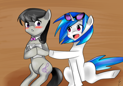 Size: 900x634 | Tagged: safe, artist:muppiz, dj pon-3, octavia melody, vinyl scratch, earth pony, pony, blushing