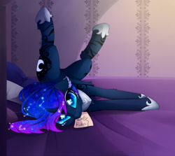 Size: 2100x1877 | Tagged: safe, artist:magnaluna, derpibooru import, princess luna, alicorn, pony, bed, behaving like a cat, bellyrubs, bronybait, chest fluff, constellation, curved horn, cute, ear fluff, flexible, floppy ears, fluffy, galaxy mane, imminent belly rub, leg fluff, legs in air, looking at you, lunabetes, makeup, missing accessory, mouth hold, note, on back, solo, wingding eyes