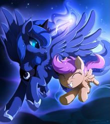 Size: 1061x1200 | Tagged: safe, artist:hioshiru, derpibooru import, princess luna, scootaloo, alicorn, pegasus, pony, chromatic aberration, colored pupils, crying, cute, cutealoo, dream walker luna, duo, eyes closed, female, filly, fluffy, flying, lunabetes, magic, mare, scootaloo can fly, scootalove, smiling, tears of joy