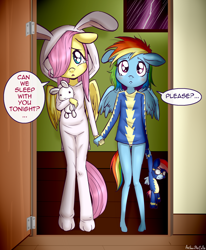 Size: 1400x1700 | Tagged: safe, artist:anibaruthecat, derpibooru import, fluttershy, rainbow dash, anthro, unguligrade anthro, anibaru is trying to murder us, blushing, bronybait, bunny pajamas, clothes, costume, crying, cute, dashabetes, dialogue, female, filly, filly fluttershy, filly rainbow dash, floppy ears, footed sleeper, head tilt, holding hands, kigurumi, lightning, looking at you, onesie, panties, plushie, rain, short pastern, shyabetes, storm, story in the comments, underwear, weapons-grade cute, white underwear, wonderbolts, younger