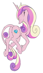 Size: 600x1005 | Tagged: safe, artist:hioshiru, derpibooru import, princess cadance, classical unicorn, pony, unicorn, :o, eyes closed, floppy ears, fluffy, leonine tail, lovebutt, missing accessory, plot, race swap, simple background, solo, underhoof, unshorn fetlocks, white background