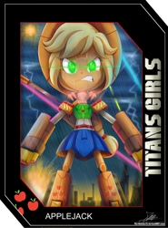 Size: 2025x2737 | Tagged: safe, artist:the-butch-x, part of a set, applejack, robot, equestria girls, angry, appleborg, applebot, card, city, cowboy hat, female, giantess, green eyes, hat, macro, mecha, metal, rain, signature, solo, stetson, titans girls, transformers