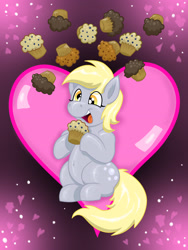 Size: 2448x3264 | Tagged: safe, artist:wispy tuft, derpy hooves, pegasus, pony, bubble, chubby, cross-eyed, cute, derpabetes, food, happy, happy birthday mlp:fim, heart, love, mlp fim's ninth anniversary, muffin, solo, thrilled