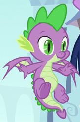 Size: 303x465 | Tagged: safe, screencap, spike, dragon, the ending of the end, action pose, belly, chubby, cropped, cute, cute little fangs, fangs, flying, male, smiling, solo focus, winged spike