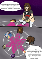 Size: 2480x3507 | Tagged: safe, artist:mcsplosion, human, comic:twi-tulpa, book, chalk drawing, chubby, clothes, comic, figurine, frank zappa, genesis, insane troll logic, jar, long hair, male, ritual, shorts, socks, the princess diaries, this will not end well, tulpamancy, twilight's cutie mark