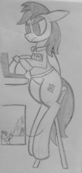 Size: 357x750 | Tagged: safe, artist:poorlydrawnpony, daring do, inside coat, macro, micro, monochrome, sitting, sketch, temple, tiny ponies, torch, traditional art