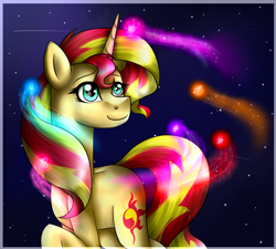 Size: 1336x1200 | Tagged: safe, artist:lada03, sunset shimmer, pony, unicorn, female, giant pony, giant/macro sunset shimmer, macro, magic, mare, smiling, solo, stars