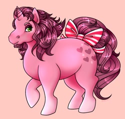 Size: 916x872 | Tagged: safe, artist:beastofeuthanasia, oc, oc only, pony, unicorn, g1, bootleg, bow, chubby, cutie mark, ethereal mane, female, mare, pink background, raised hoof, simple background, solo, starry mane, tail bow