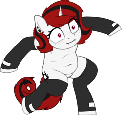 Size: 1776x1666 | Tagged: safe, artist:zippysqrl, oc, oc only, oc:lilith, pony, unicorn, belly button, bipedal, chubby, clothes, ear piercing, earring, fangs, freckles, jewelry, krumping, marge krumping, piercing, simple background, socks, stockings, thigh highs, transparent background