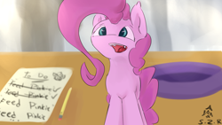 Size: 1920x1080 | Tagged: safe, artist:skyresonance, pinkie pie, earth pony, pony, micro, open mouth, paper, pencil, solo