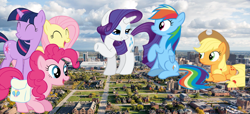 Size: 1024x467 | Tagged: safe, artist:edselrobin, applejack, fluttershy, pinkie pie, rainbow dash, rarity, twilight sparkle, earth pony, pegasus, pony, unicorn, detroit, giant pony, highrise ponies, irl, macro, mane six, michigan, photo, ponies in real life