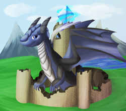 Size: 3600x3200 | Tagged: safe, artist:ampderg, oc, oc only, oc:blue jewel, oc:lindys, dragon, castle, gem, macro, magic, tower, wyvern