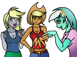 Size: 2000x1500 | Tagged: artist needed, safe, artist:mr square, applejack, derpy hooves, lyra heartstrings, oc, oc:anon, equestria girls, belly button, clothes, colored lineart, micro, midriff, size difference, tanktop