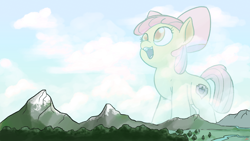 Size: 4800x2700 | Tagged: safe, artist:docwario, apple bloom, earth pony, pony, absurd resolution, big enough, female, filly, giant pony, i am a big pony, jimmy barnes, kirin j callinan, macro, mountain, open mouth, solo